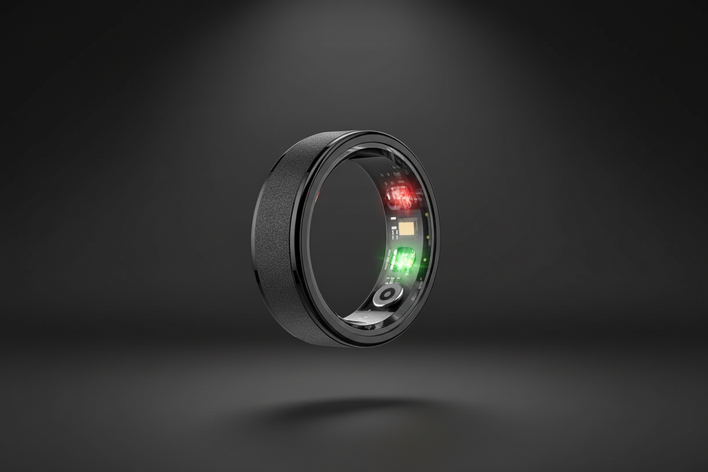 Black smart ring centered on dark background