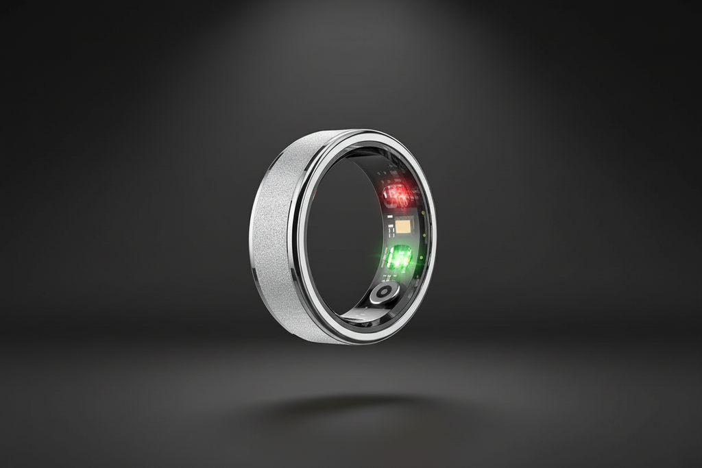 Silver smart ring centered on dark background