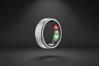Silver smart ring centered on dark background